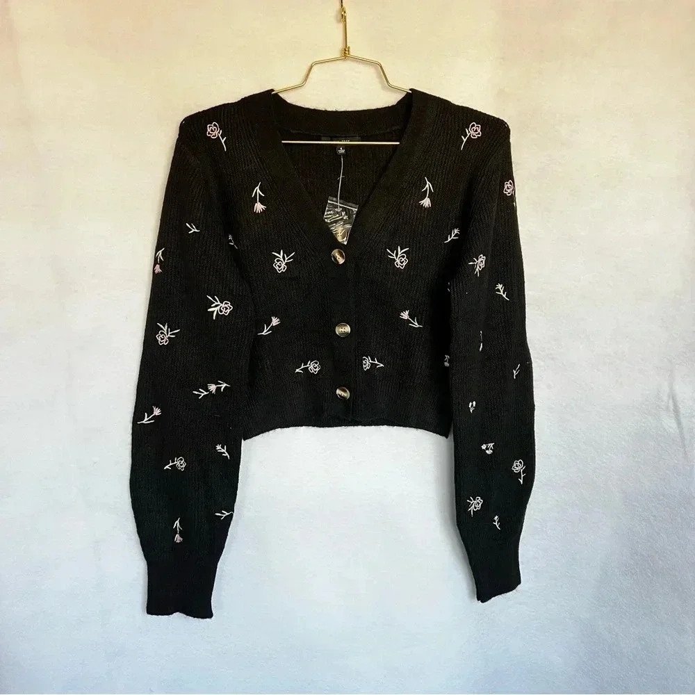 Cardigan Sweater Embroidery Floral Black Multi Color Balloon Sleeve Cropped